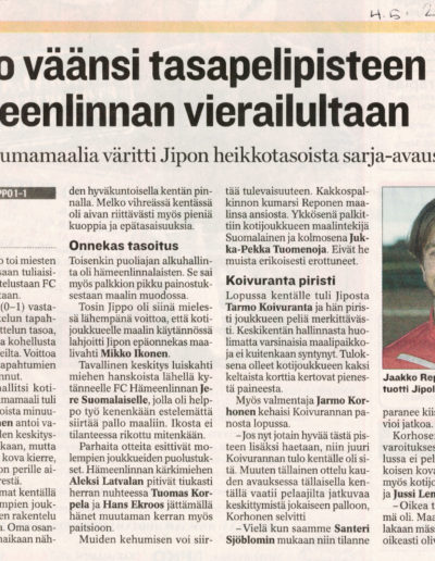 4.5.2011 Jippo väänsi tasapelipisteen Hämeenlinnan vierailult