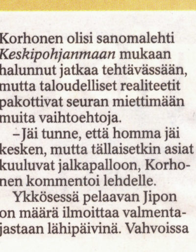 5.11.2010 Jarmo Korhonen jättää Kokkolan Pallo-Veikot